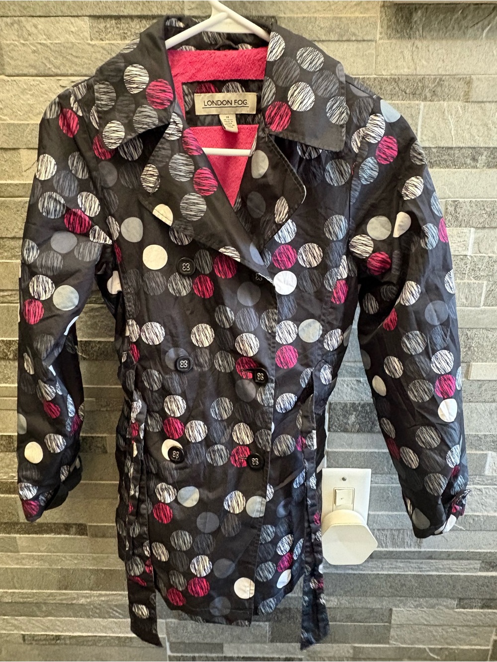 London Fog Black Polka Dot Trench Coat with Pink Accents